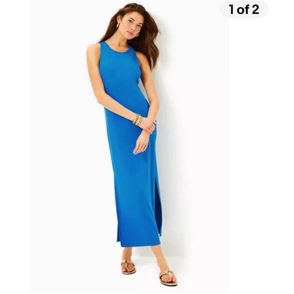 NEW Lilly Pulitzer Ulla Rib Dress Fitted Maxi‎ Tank Blue Resort Minimal Women L